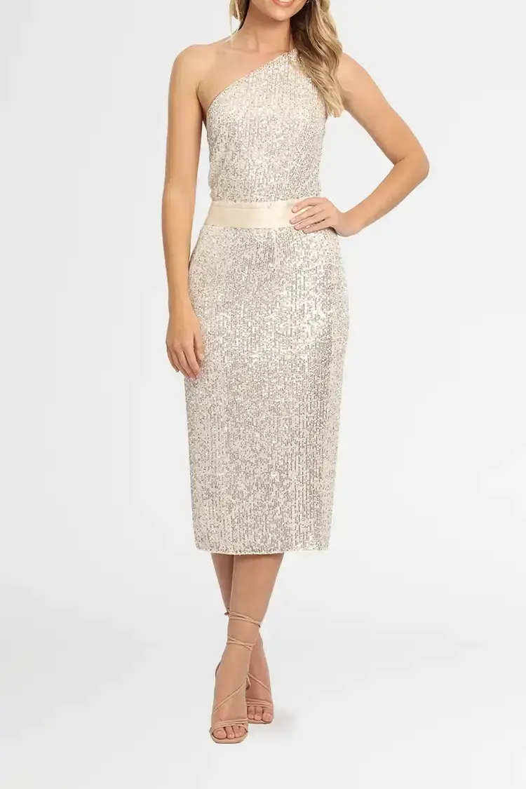 Elle Zeitoune Allene Sequin One Shoulder Midi Dress in Silver Size 10 for rent on The Volte - main image