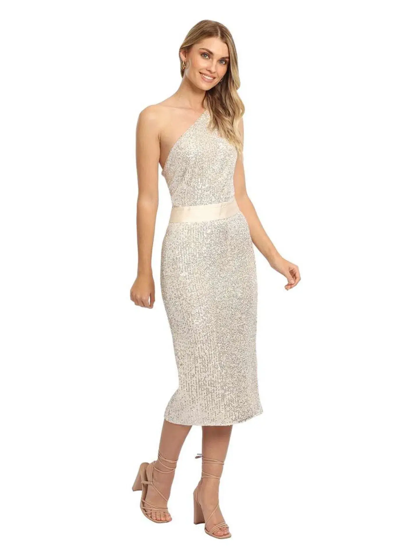 Elle Zeitoune Allene Sequin One Shoulder Midi Dress in Silver Size 10 - Image 1