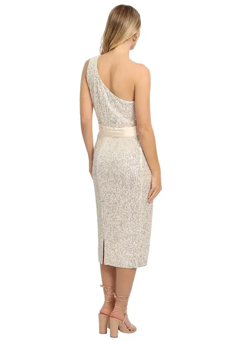 Elle Zeitoune Allene Sequin One Shoulder Midi Dress in Silver Size 10 for rent on The Volte - main image