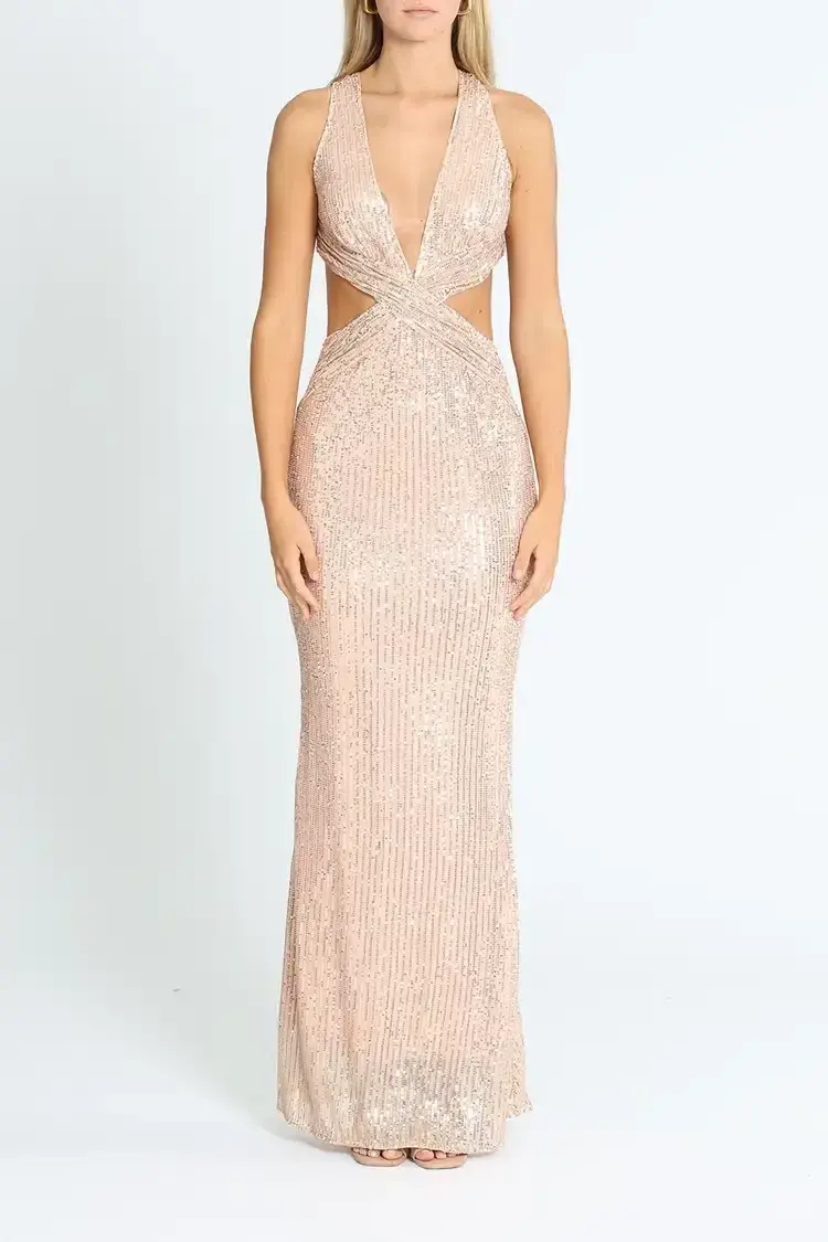 Elle Zeitoune Lauinda Cut Out Sequin Gown in Rose Gold Size 6 - Image 1