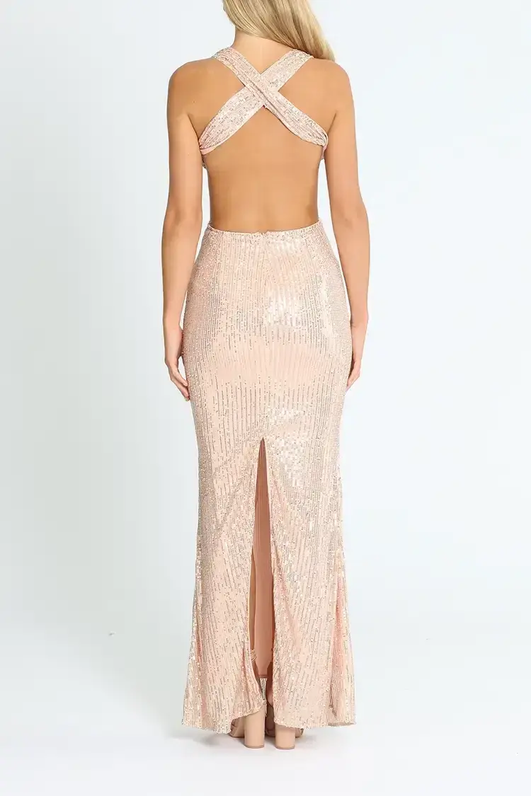Elle Zeitoune Lauinda Cut Out Sequin Gown in Rose Gold Size 6 for rent on The Volte - main image