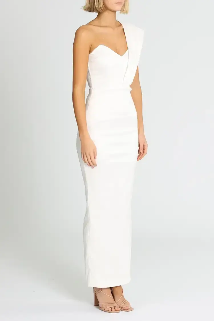 Elle Zeitoune Structured One Shoulder Midi Dress in White Size 8 for rent on The Volte - main image