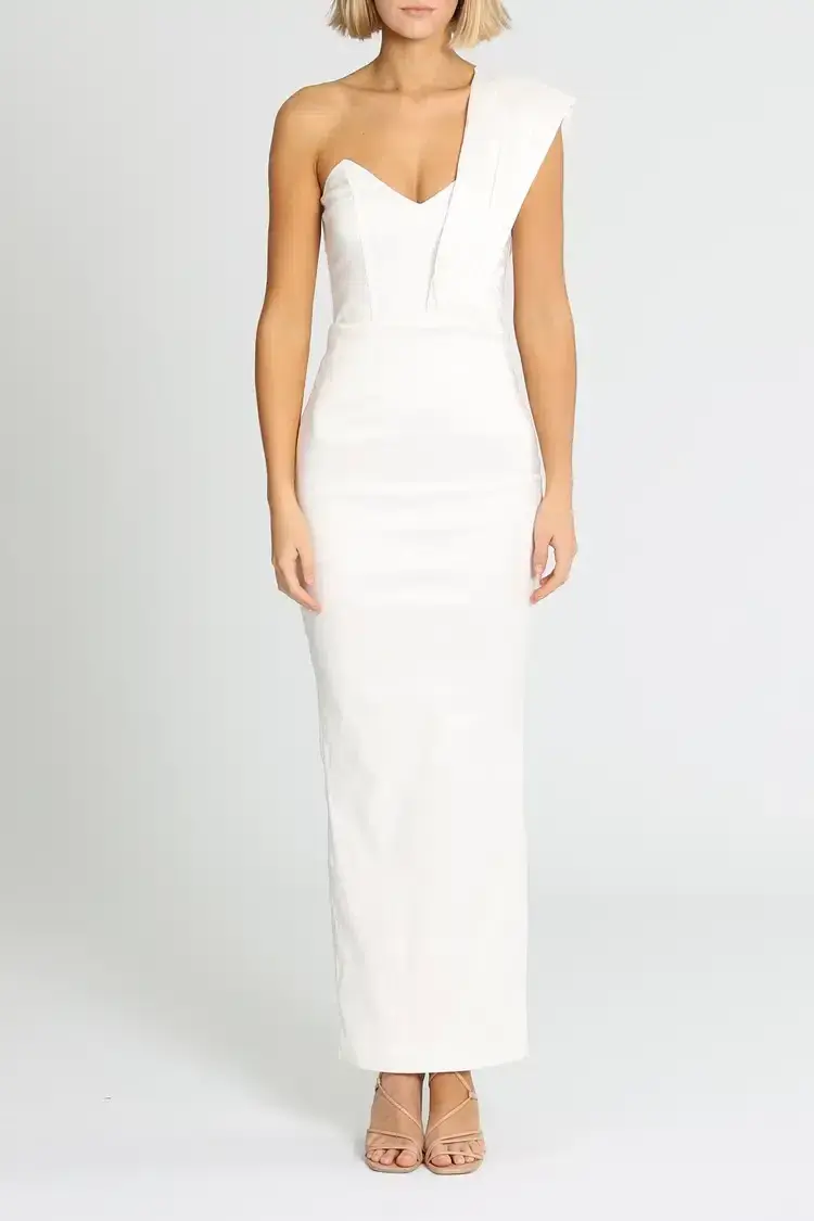Elle Zeitoune Structured One Shoulder Midi Dress in White Size 8 for rent on The Volte - main image