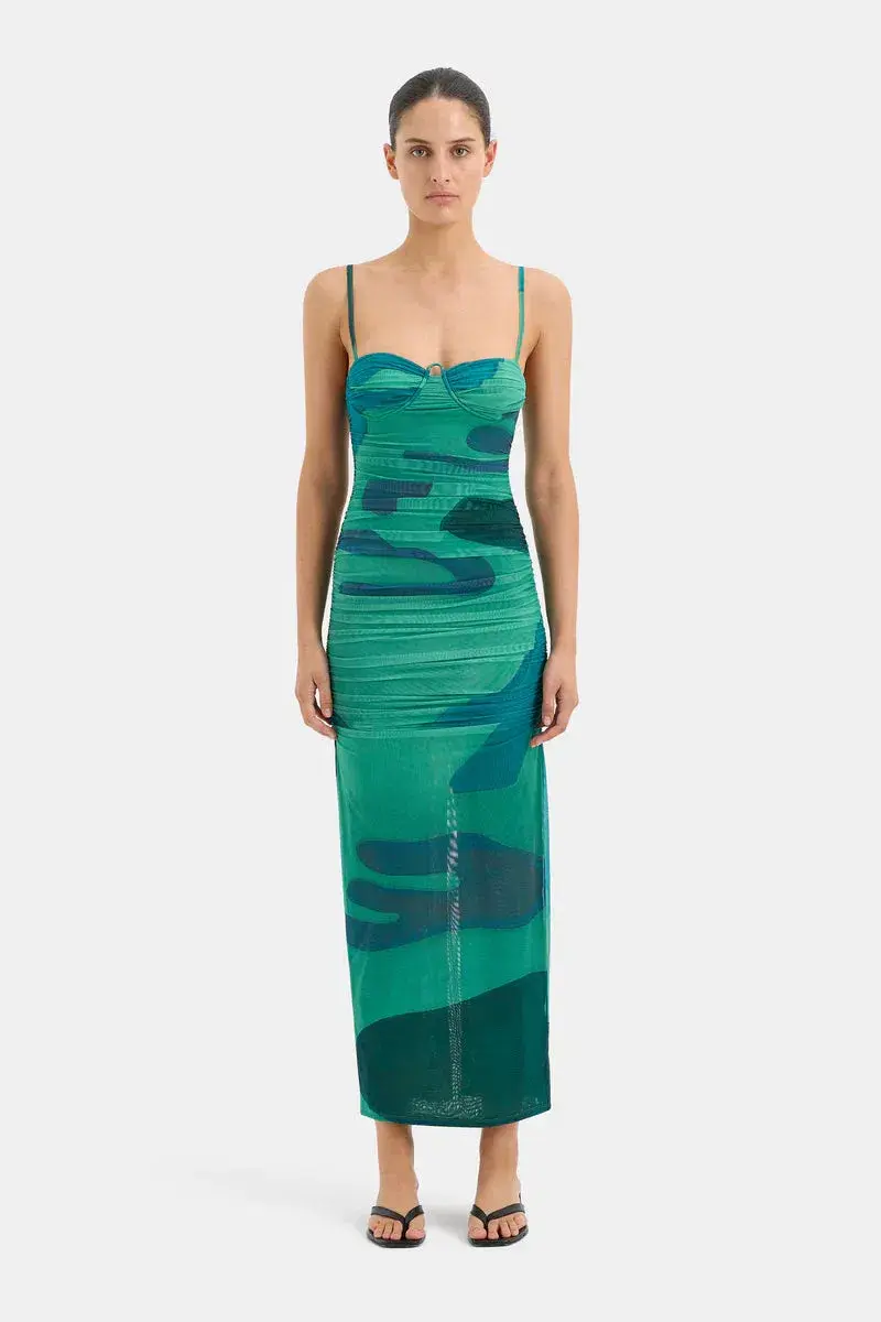 Sir The Label Frankie Gathered Midi Dress Green Multi Size 1 / AU 8 - Image 2