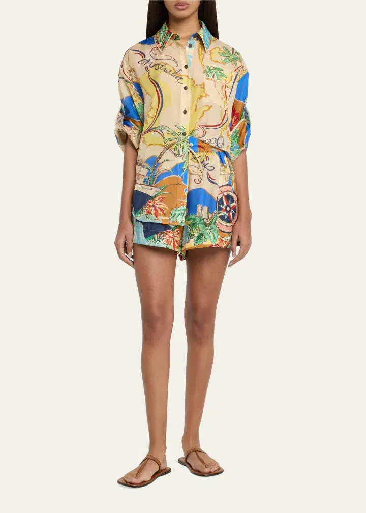 Zimmermann Alight Short Sleeve Shirt and Draw Waist Shorts Set Nautical Map Size 0/Au 8  - Image 1