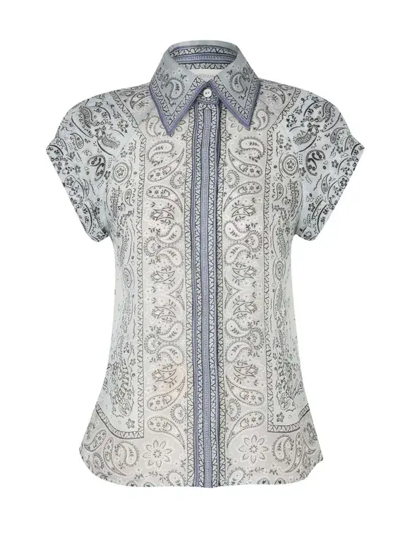 Zimmermann The Matchmaker Fitted Blouse and Gathered Midi Skirt in Blue Bandana Size 1/AU 10  - Image 5
