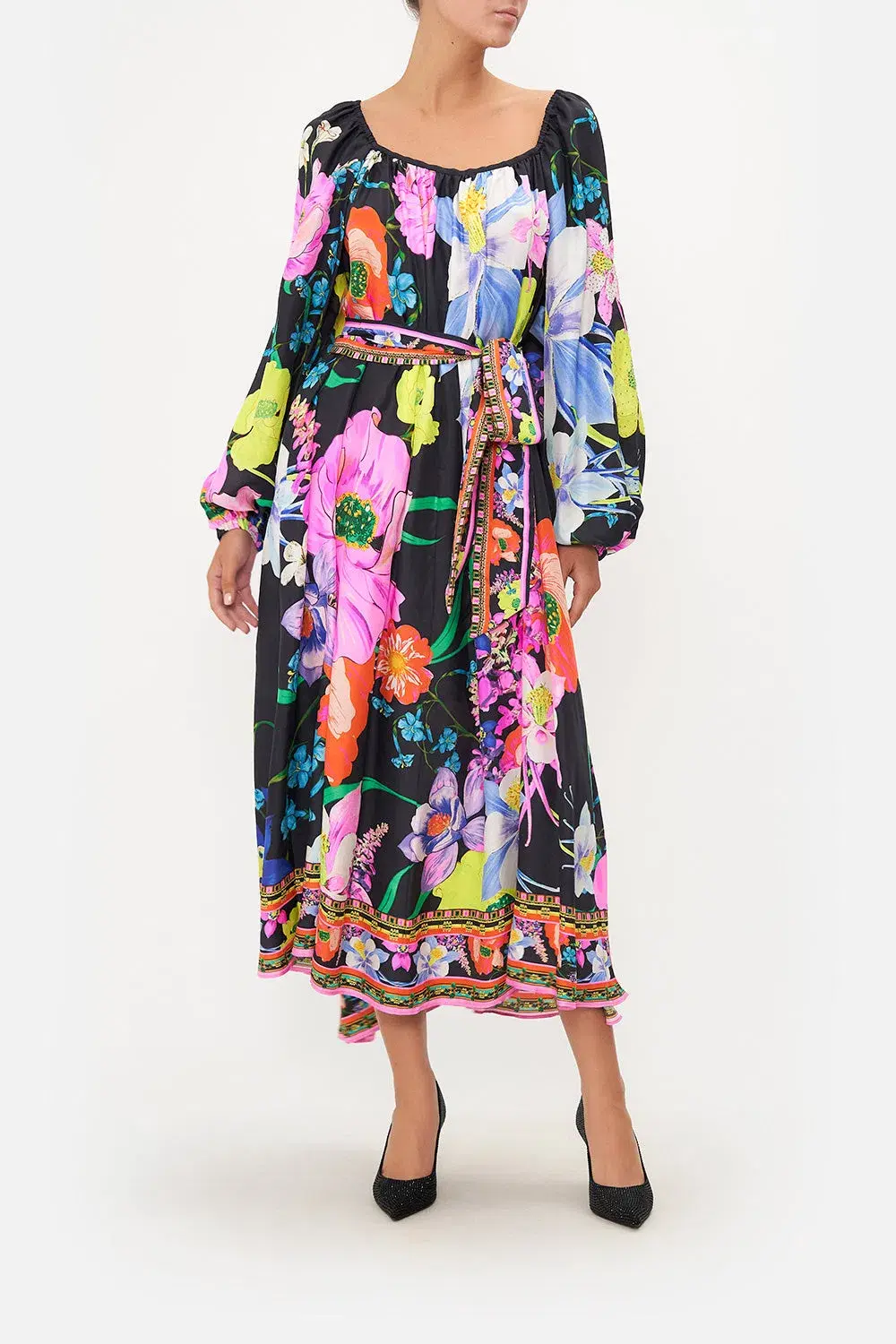 Camilla Gathered Flared Dress Black Floral Size 14 - Image 1