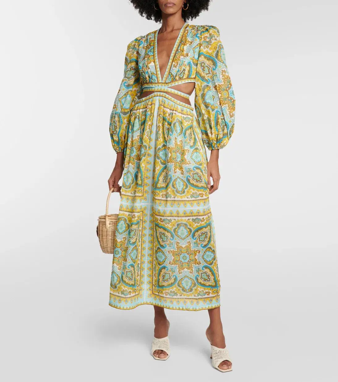 Zimmermann The Halcyon Tie Front Midi Dress in Blue Yellow Paisley Size 0/Au 8 - Image 1