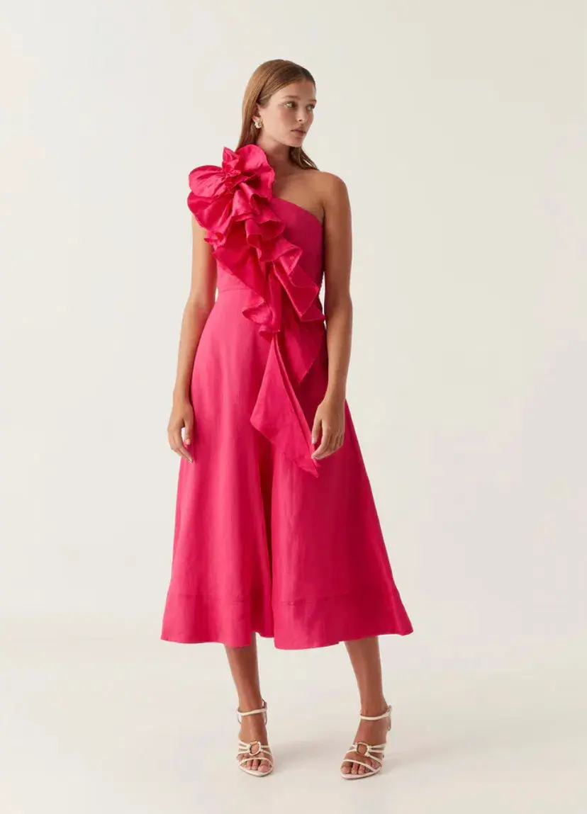Aje Adelia Ruffle Midi Dress Pink Size 10 - Image 1