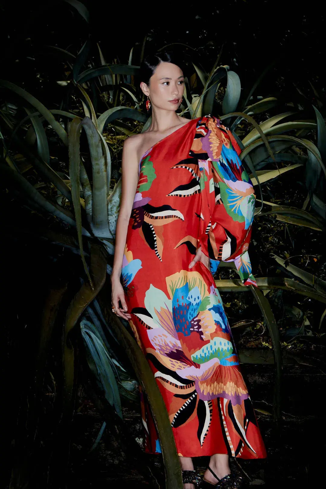 Farm Rio Red Lucy One Shoulder Maxi Dress Print Size S / AU 8 - Image 1