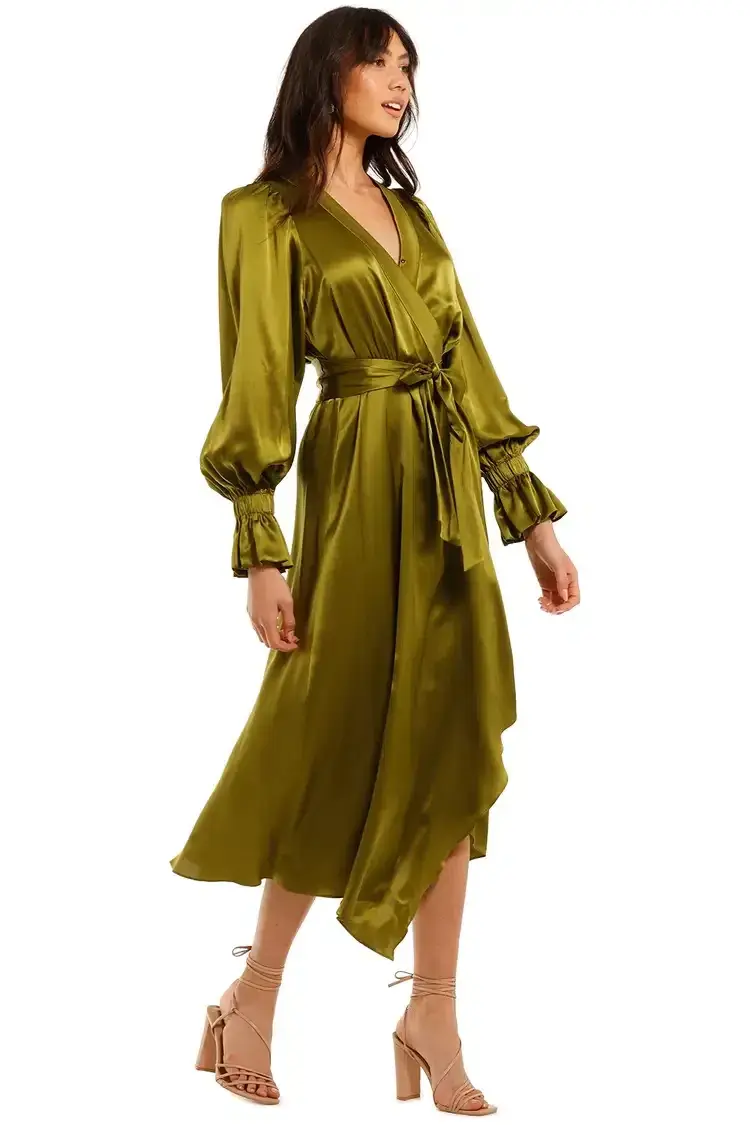 Ginger & Smart Molten Wrap Midi Dress in Chartreuse Size 10 - Image 2