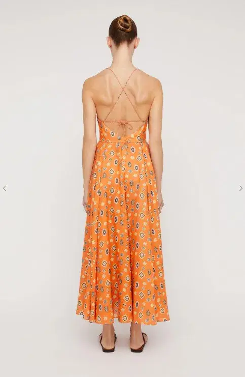 Scanlan Theodore Foulard Linen Strappy Dress Tangerine Orange Floral Size S / AU 8 - Image 2