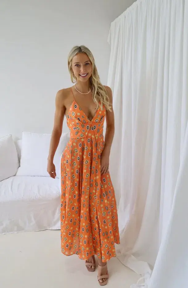 Scanlan Theodore Foulard Linen Strappy Dress Tangerine Orange Floral Size S / AU 8 for rent on The Volte - main image