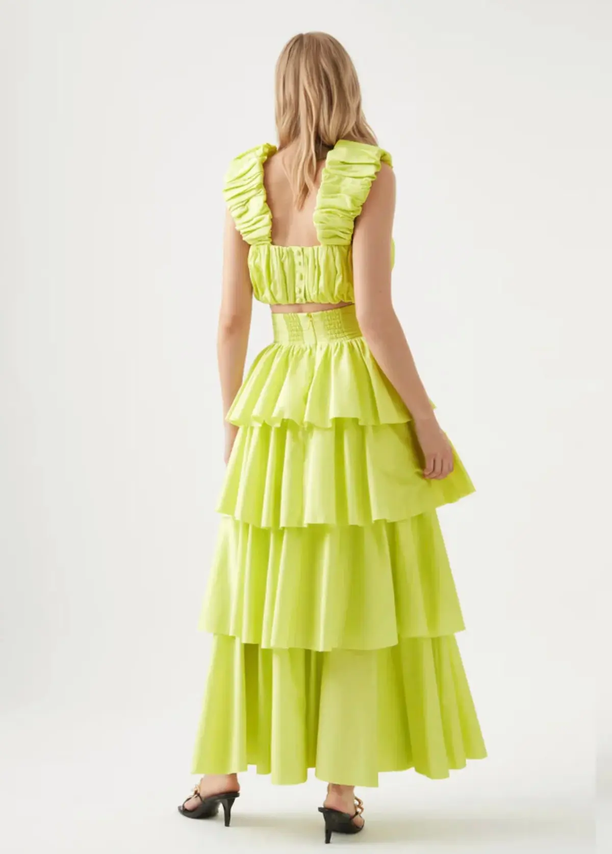 Aje Medina Ruched Cropped Top and Tiered Midi Skirt Light Lemon Set Size 16 - Image 3