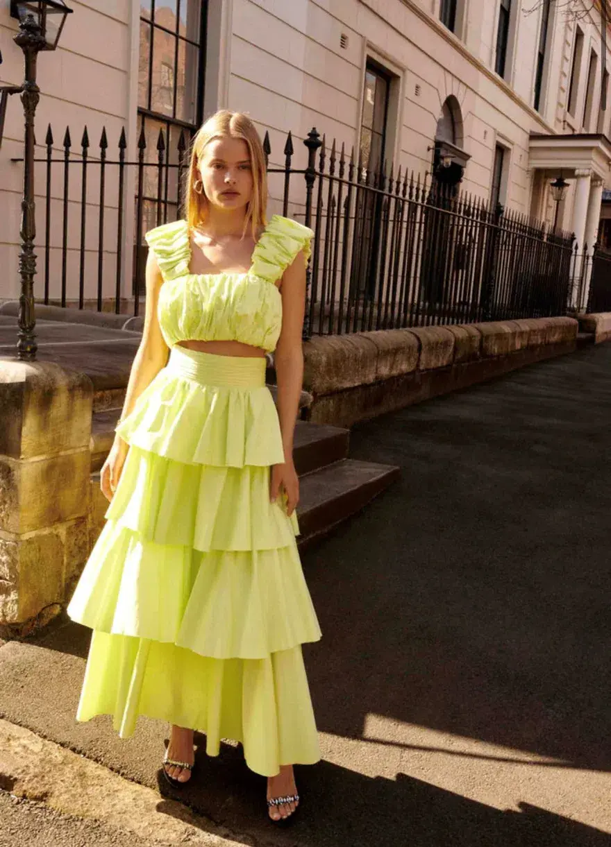 Aje Medina Ruched Cropped Top and Tiered Midi Skirt Light Lemon Set Size 16 - Image 2