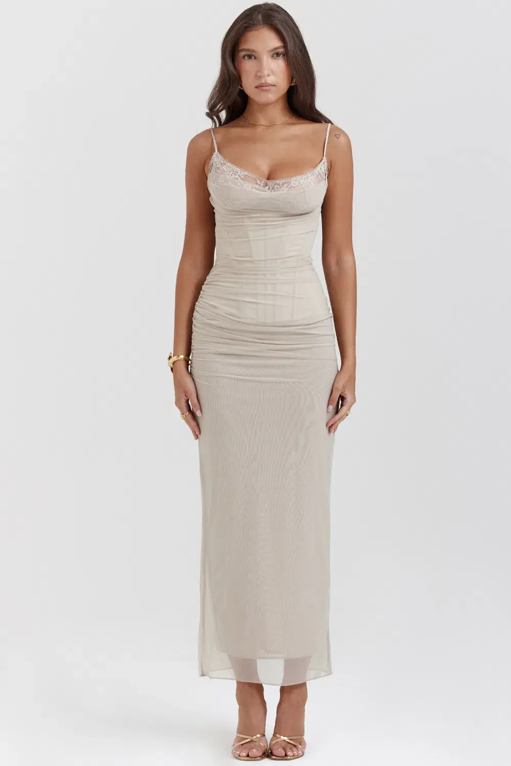 House of CB Nalini Maxi Mesh Dress in Sand Size M / AU 10 - Image 1