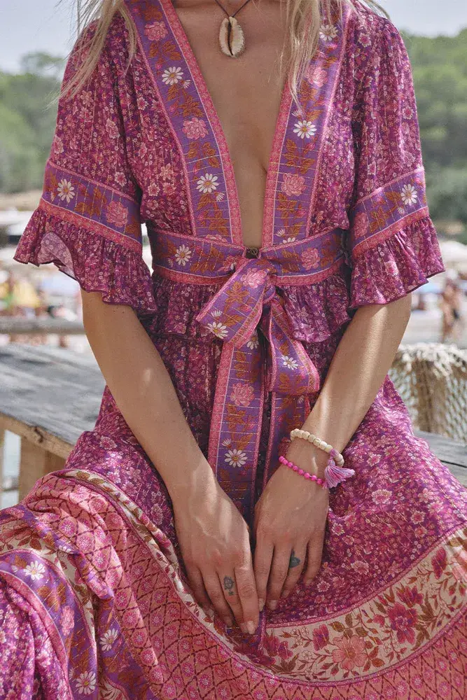 Spell And The Gypsy Sienna Cropped Blouse And Skirt  Set Fuchsia Size M/Au 10 - Image 3