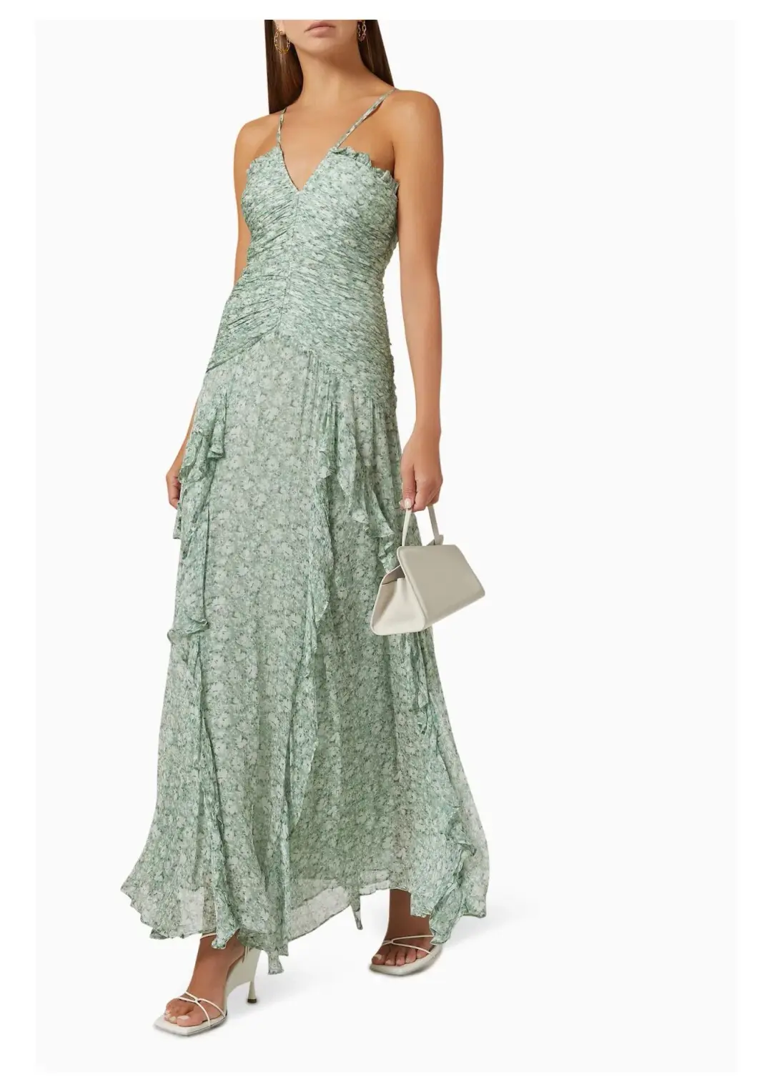 Shona Joy Aurore Ruched Frill Maxi Dress Green Floral Size AU 6 for rent on The Volte - main image