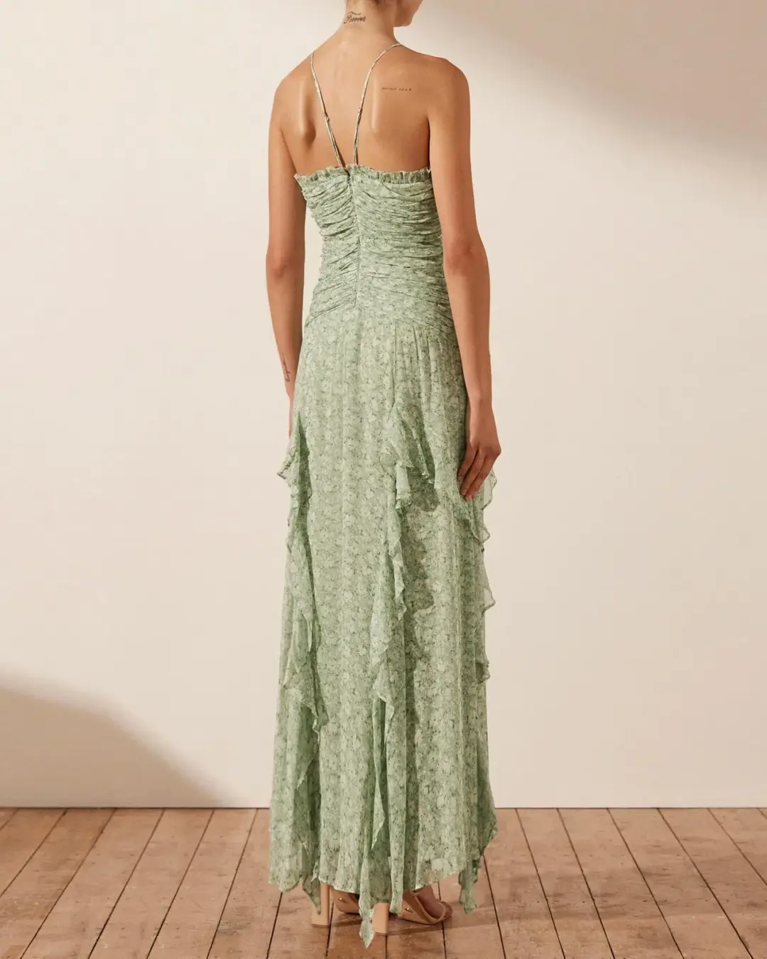 Shona Joy Aurore Ruched Frill Maxi Dress Green Floral Size AU 6 for rent on The Volte - main image