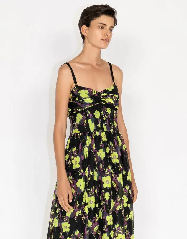 Cue Neon Rose Ruched Bodice Midi Dress Floral Size 8 for rent on The Volte - main image