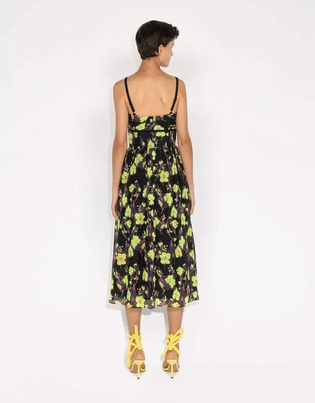 Cue Neon Rose Ruched Bodice Midi Dress Floral Size 8 for rent on The Volte - main image