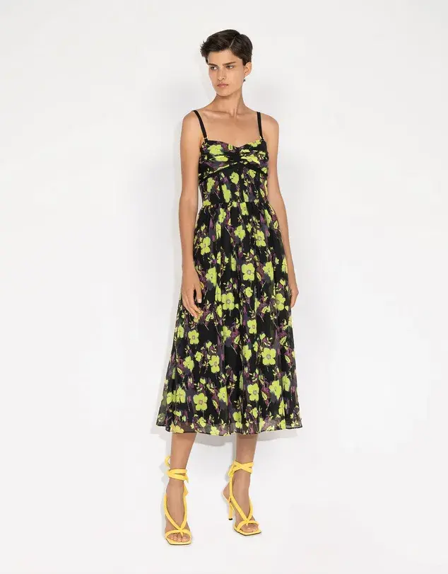 Cue Neon Rose Ruched Bodice Midi Dress Floral Size 8 for rent on The Volte - main image