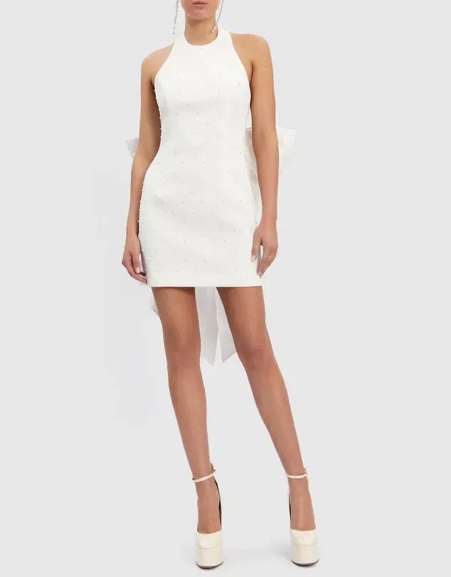 Rebecca Vallance Perle Bow Mini Dress White Size 8 for rent on The Volte - main image