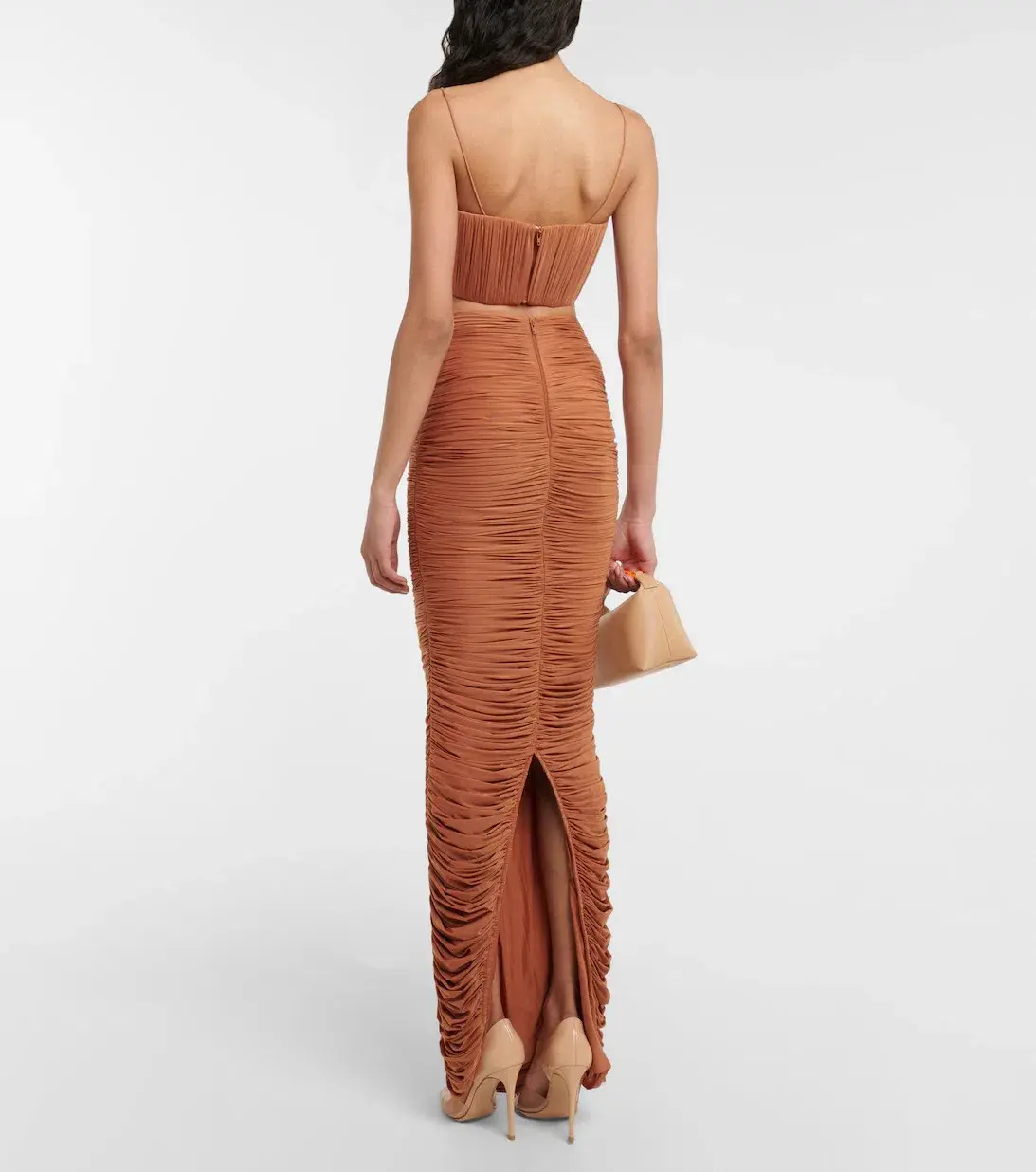 Alex Perry Hartley Ruched Maxi Skirt and Preston Bralette Set Brown Size 8 - Image 2