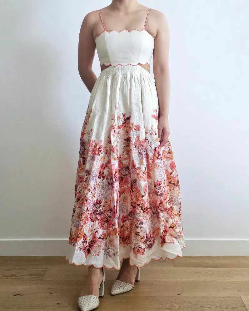 Zimmermann The Devi Scallop Midi Dress in Cream Floral Size 0 /Au 8 - Image 3