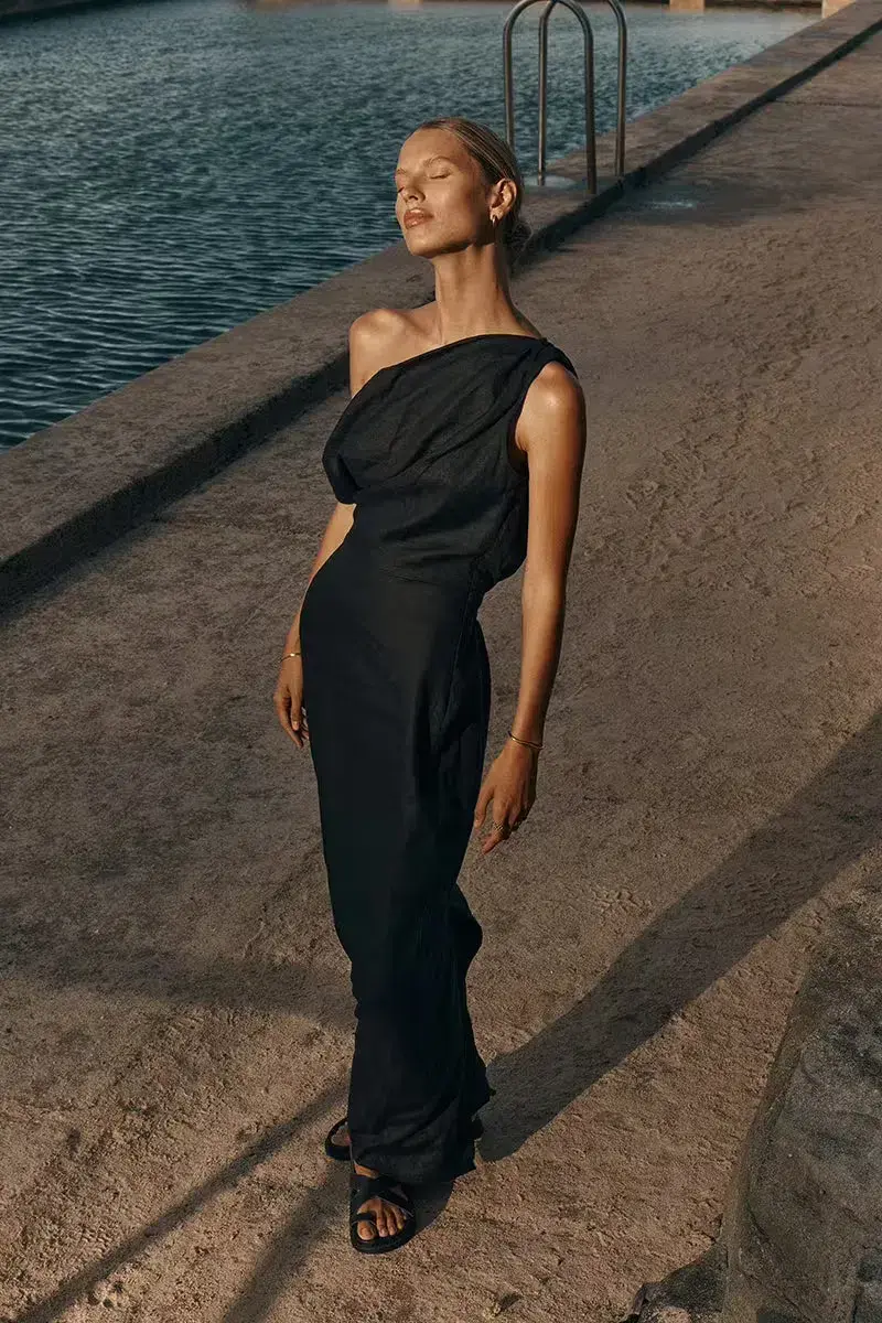 Dissh Cass Linen Asym Midi Dress Black Size AU 8 for rent on The Volte - main image