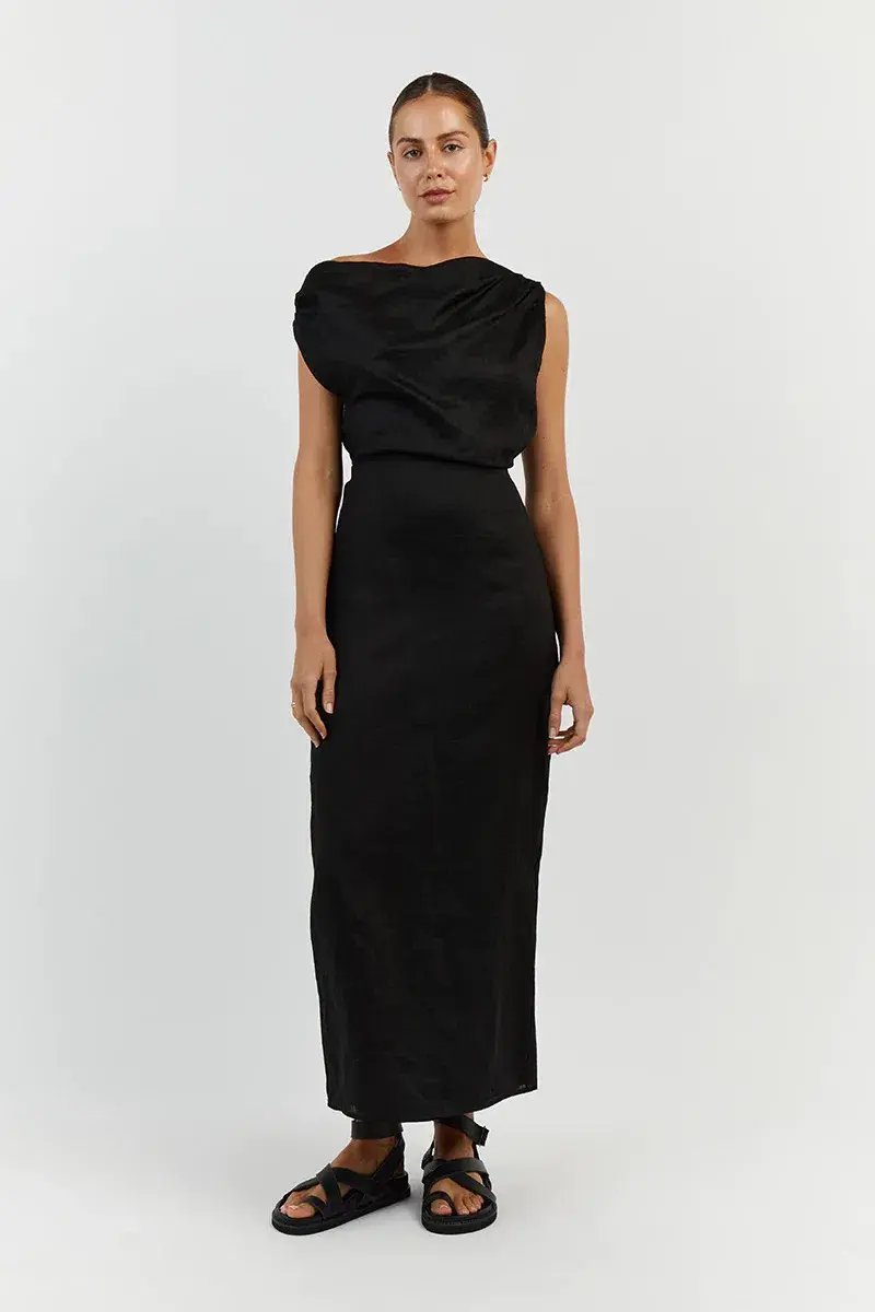 Dissh Cass Linen Asym Midi Dress Black Size AU 8 for rent on The Volte - main image