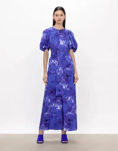 Veronika Maine Clouded Satin Midi Dress Blue Jewel Size AU 14
