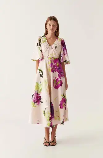 Aje Gilda Bell Sleeve Midi Dress in Wild Hydrangea Size AU 10