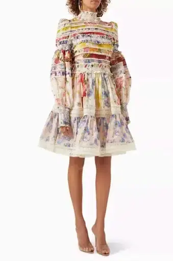Zimmermann Wonderland Smocked Mini Dress Spliced Multi Size 0 / AU 8