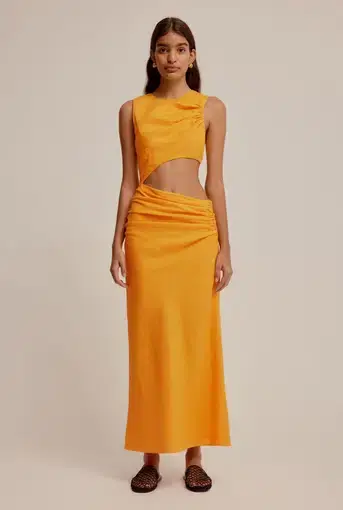 Venroy Linen Cut Out Dress Saffron Size M / AU 10