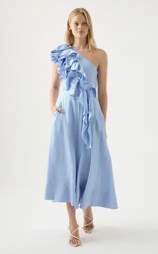 Aje Adelia Ruffle Midi Dress Light Sky Blue Size 8
