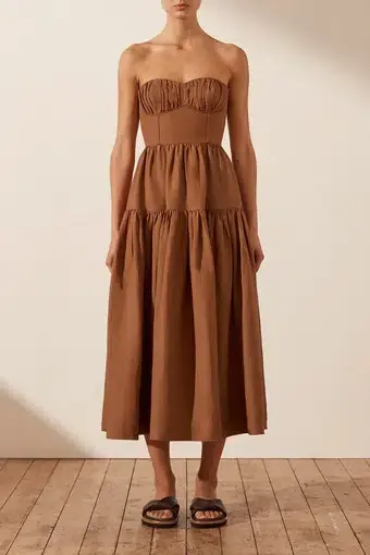 Shona Joy Jules Linen Strapless Ruched Midi Dress Almond Size 8