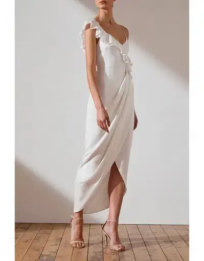 Shona Joy Asymmetrical Frill Midi Dress in Ivory
Size 10