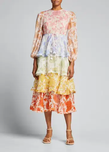 Zimmermann The Postcard Flounce Midi Dress in Spliced Tonal Floral Size 3/Au 14 