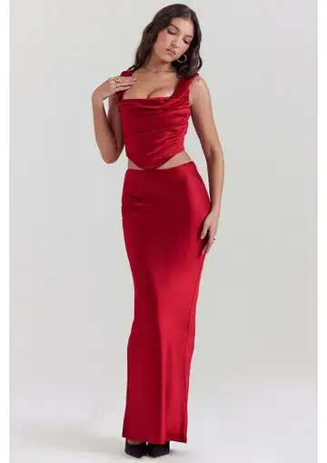 House of CB Una Lace Back Corset and Sydel Satin Bias Cut Maxi Skirt Set in Ruby Red
Size S / AU 8