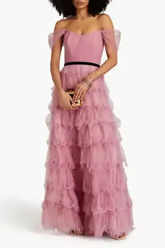 Marchesa Notte Off-the-shoulder Tiered Tulle Gown Pink Size AU 8