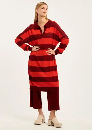 Obus Merino Traveller Stripe Polo Dress Garnet/Radiant Red Size AU 10
