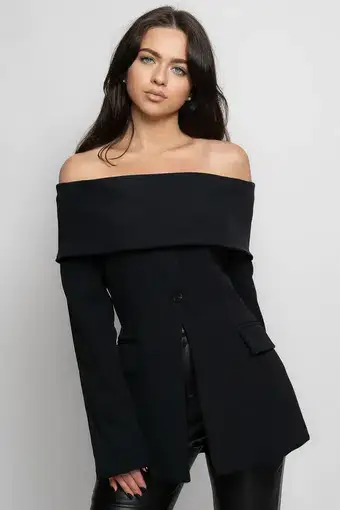 Sierra Darien Cut Out Shoulder Jacket and High Waist Loose Pants Set Black Size M / AU 10