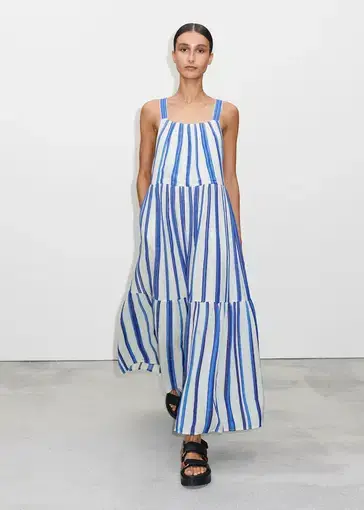 Me & Em Bold Summer Stripe Crossover Back Maxi Dress Cream/Blue Size 10