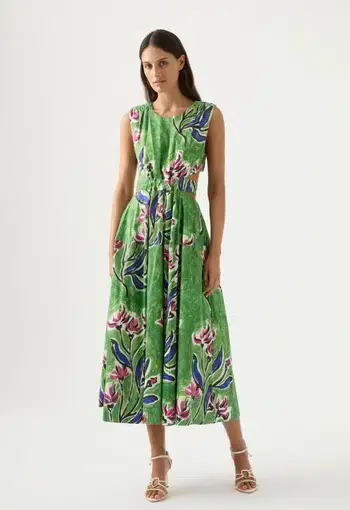 Aje Zorina Tie Midi Dress Green Floral Print Size 14