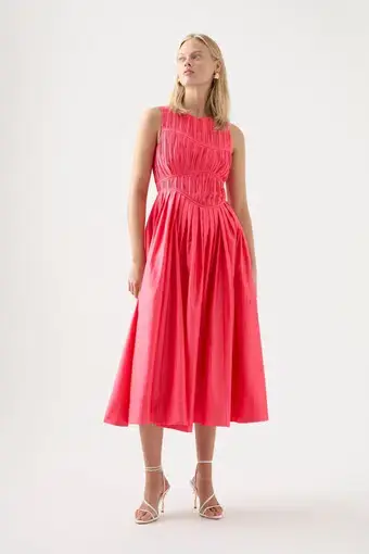 Aje Nya Gathered Midi Sateen Cotton Dress In Rouge Pink Size 10