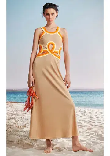 Christopher Esber Looped Verner Bind Multi Strapped Maxi Dress in Tan Size 8