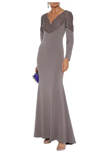 Badgley Mischka Embellished Tulle Paneled Ponte Gown in Taupe Size AU 10