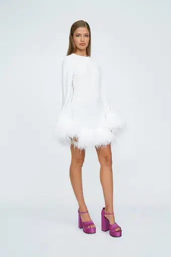 By Johnny Nicola Feather Trimmed Mini Dress Ivory Size 6