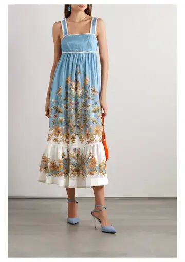 Zimmermann Chintz Tiered Midi Dress Blue Daisy Floral Size 10